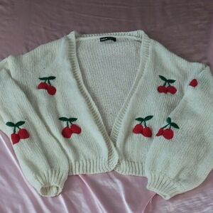 Cream Cardigan with Red Cherry Design